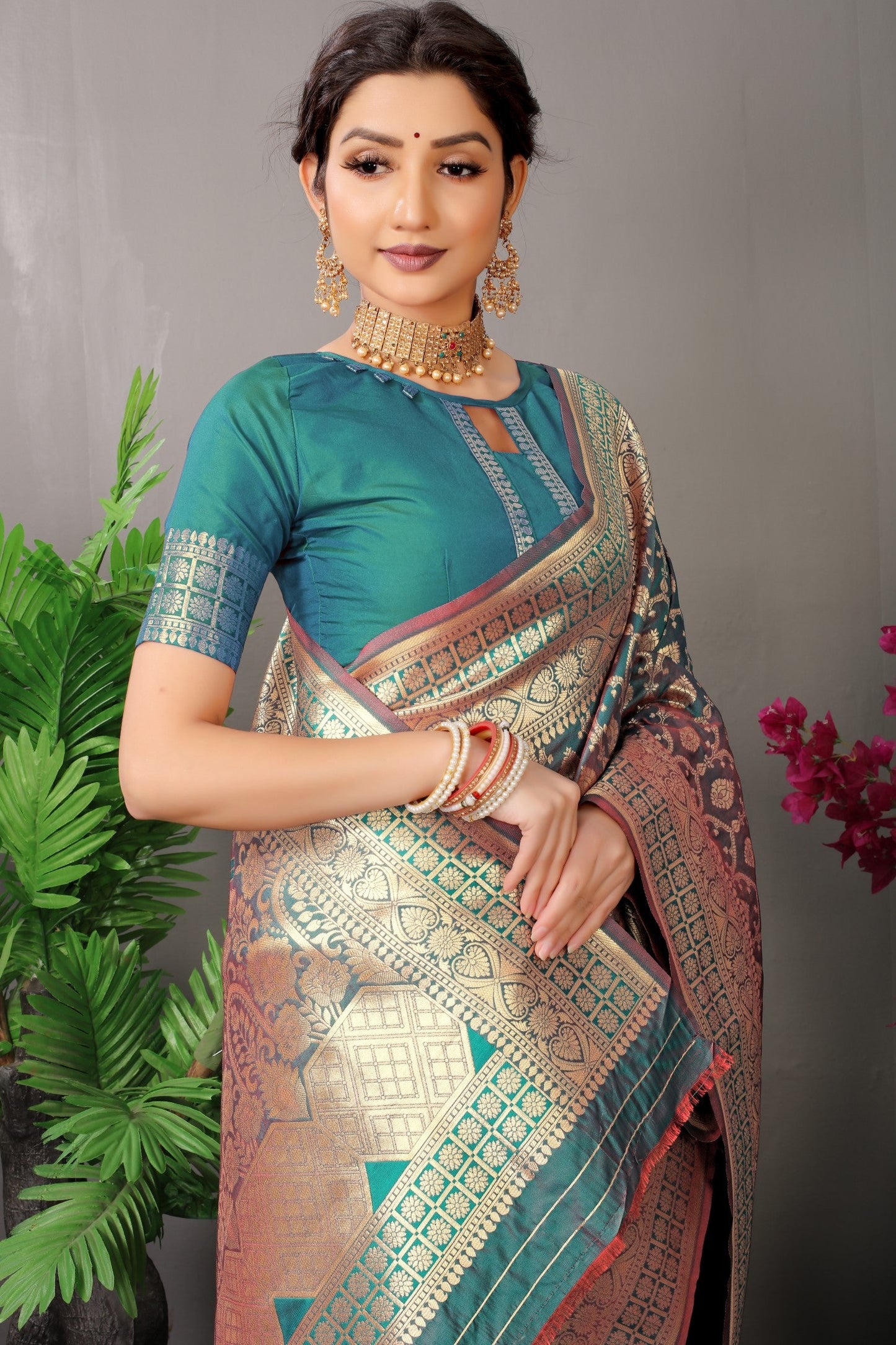 Anaita Teal Woven Design Pure Silk Banarasi Saree With Blouse