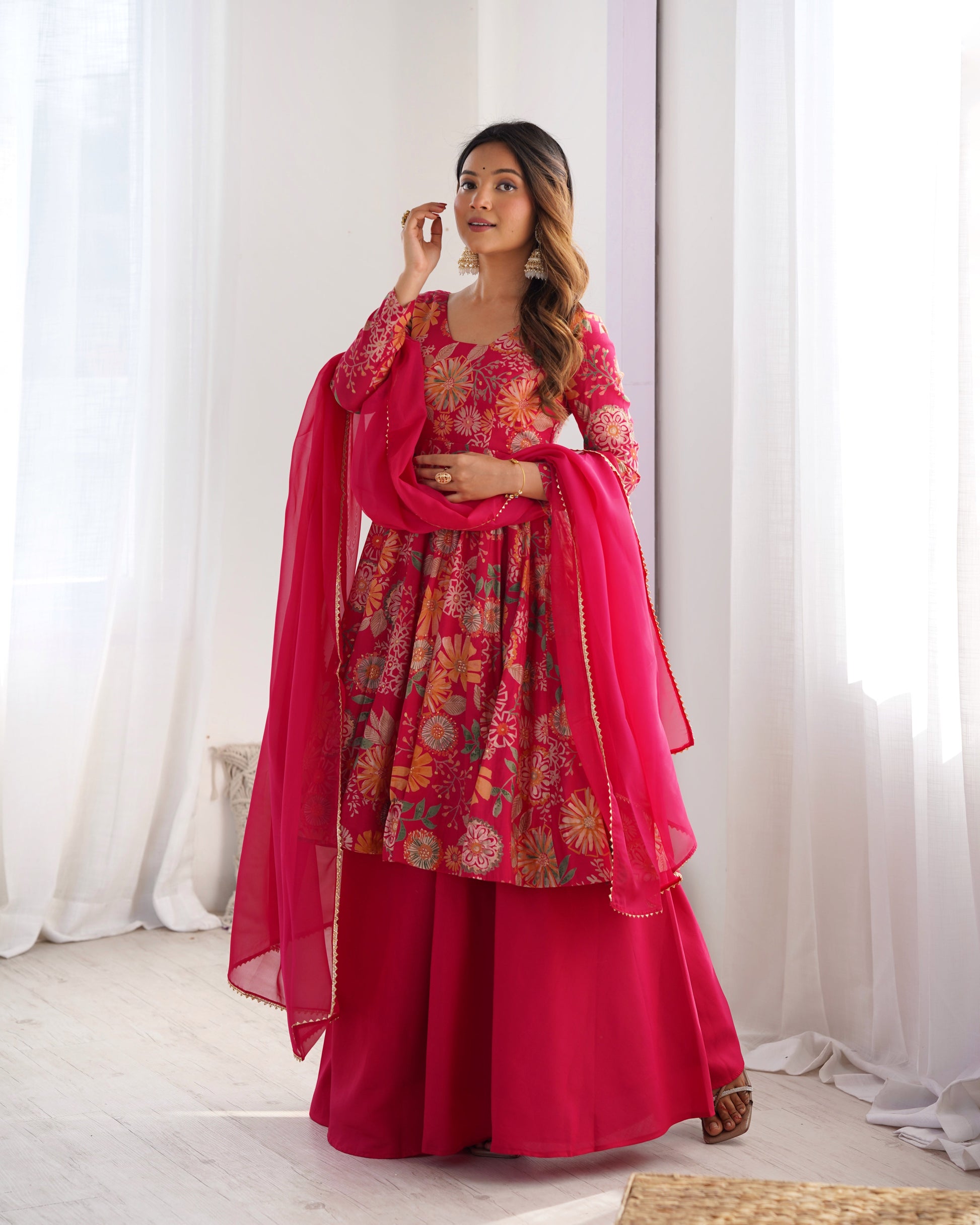 Lorenvalley Women Pure Soft Roman silk Chanderi Discharge Print Fabric Kediya Kurta Palazzo with Dupatta Set - Ranipink - Swadesiicart