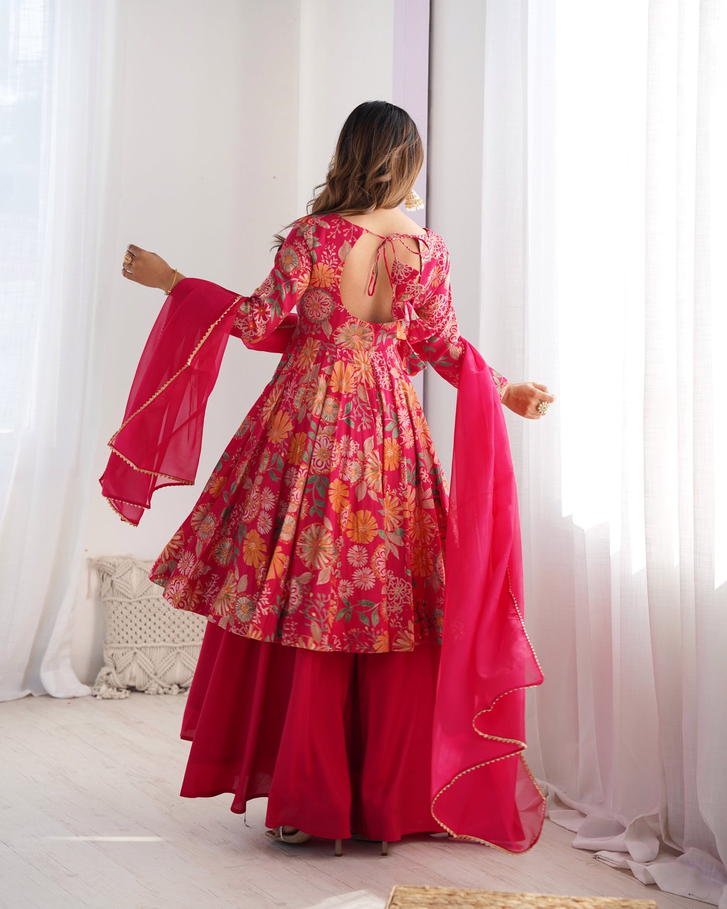 Lorenvalley Women Pure Soft Roman silk Chanderi Discharge Print Fabric Kediya Kurta Palazzo with Dupatta Set - Ranipink - Swadesiicart