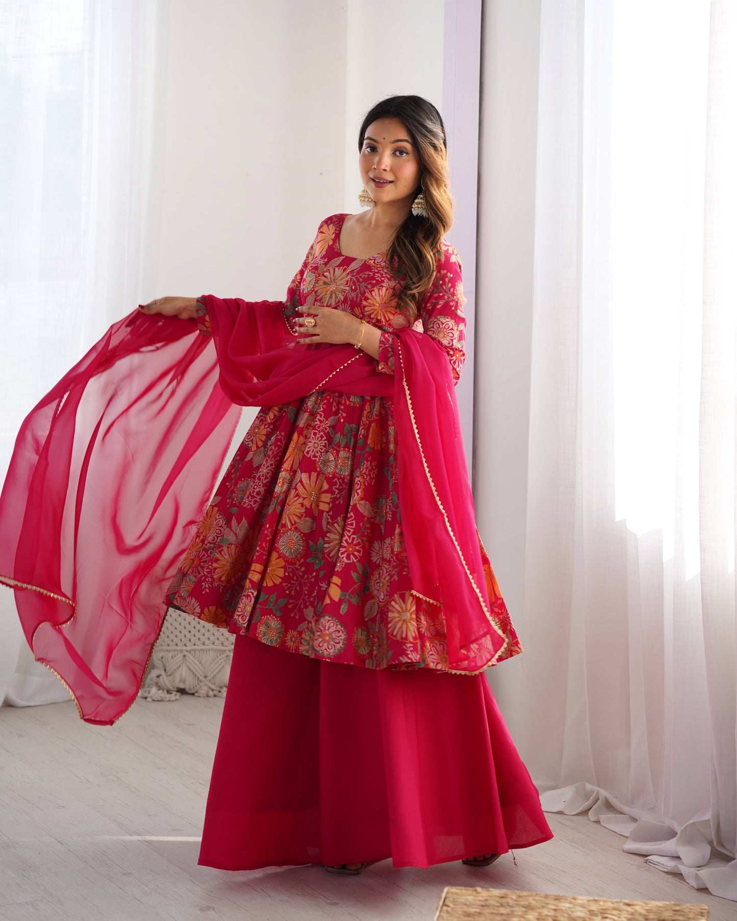 Lorenvalley Women Pure Soft Roman silk Chanderi Discharge Print Fabric Kediya Kurta Palazzo with Dupatta Set - Ranipink - Swadesiicart