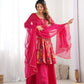 Lorenvalley Women Pure Soft Roman silk Chanderi Discharge Print Fabric Kediya Kurta Palazzo with Dupatta Set - Ranipink - Swadesiicart