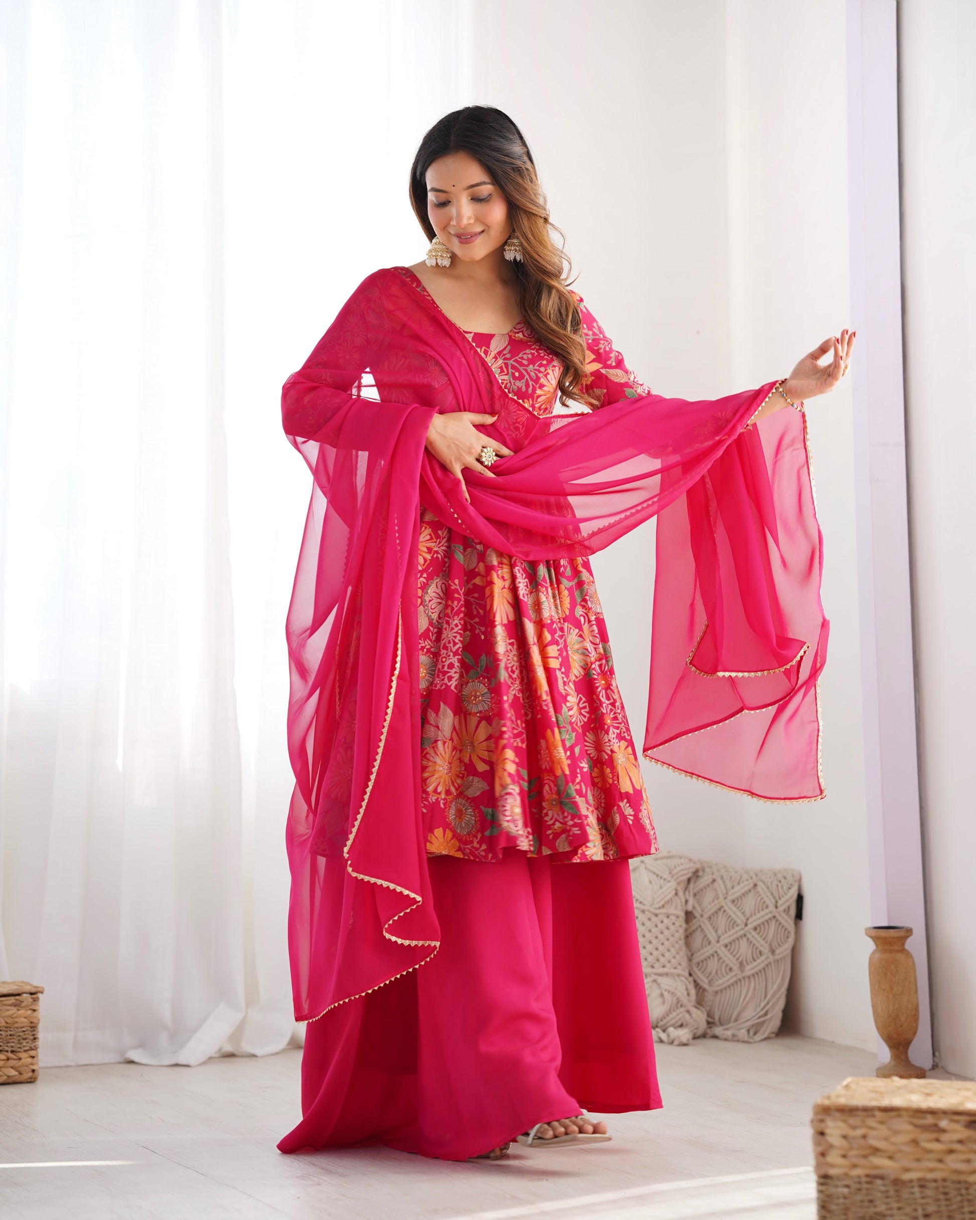 Lorenvalley Women Pure Soft Roman silk Chanderi Discharge Print Fabric Kediya Kurta Palazzo with Dupatta Set - Ranipink - Swadesiicart