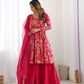Lorenvalley Women Pure Soft Roman silk Chanderi Discharge Print Fabric Kediya Kurta Palazzo with Dupatta Set - Ranipink - Swadesiicart