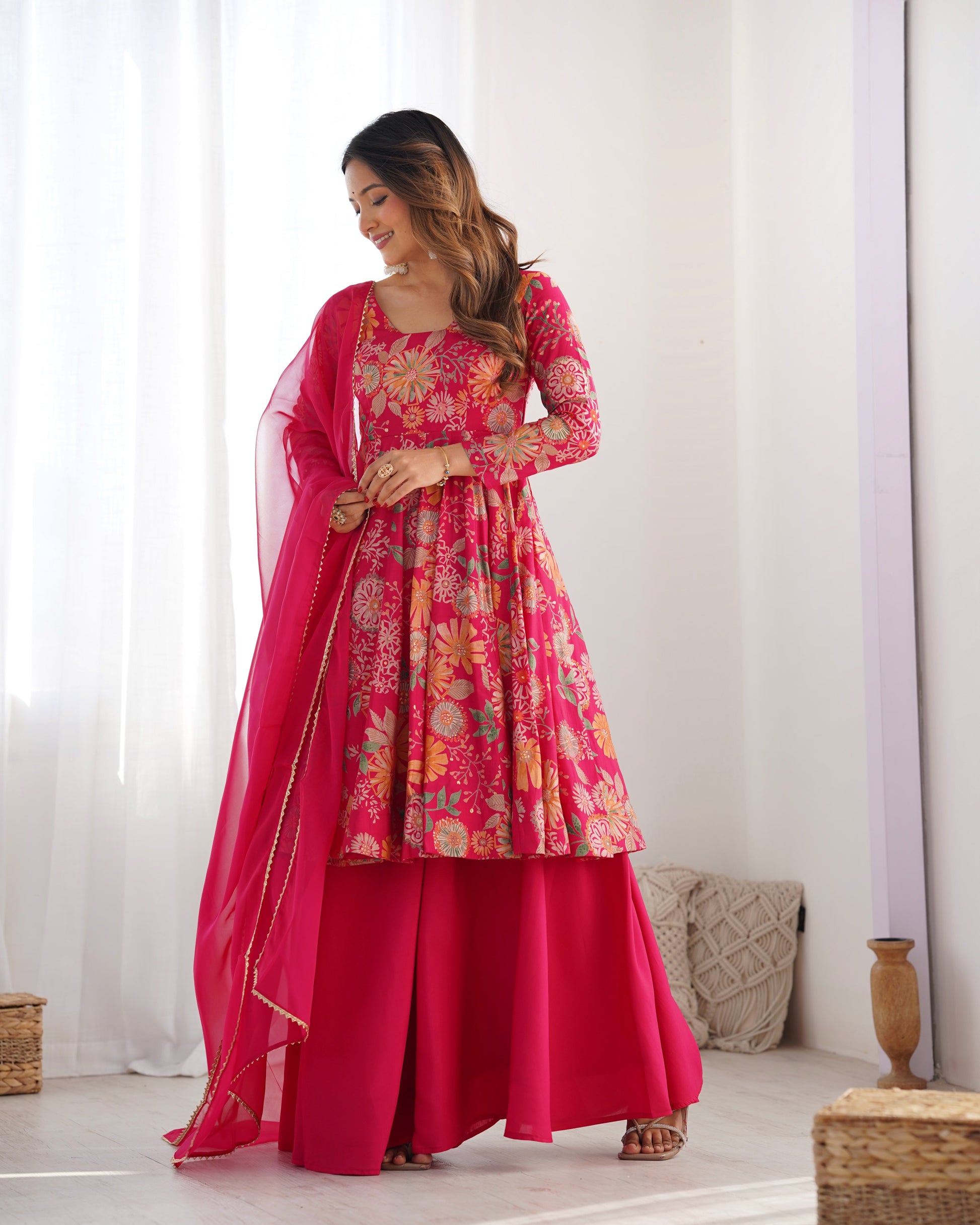 Lorenvalley Women Pure Soft Roman silk Chanderi Discharge Print Fabric Kediya Kurta Palazzo with Dupatta Set - Ranipink - Swadesiicart
