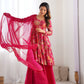 Lorenvalley Women Pure Soft Roman silk Chanderi Discharge Print Fabric Kediya Kurta Palazzo with Dupatta Set - Ranipink - Swadesiicart
