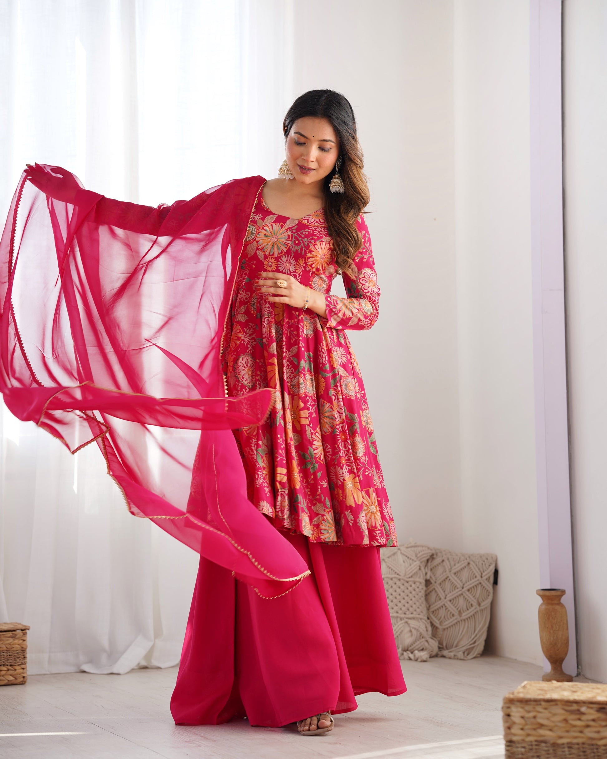 Lorenvalley Women Pure Soft Roman silk Chanderi Discharge Print Fabric Kediya Kurta Palazzo with Dupatta Set - Ranipink - Swadesiicart