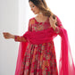 Lorenvalley Women Pure Soft Roman silk Chanderi Discharge Print Fabric Kediya Kurta Palazzo with Dupatta Set - Ranipink - Swadesiicart