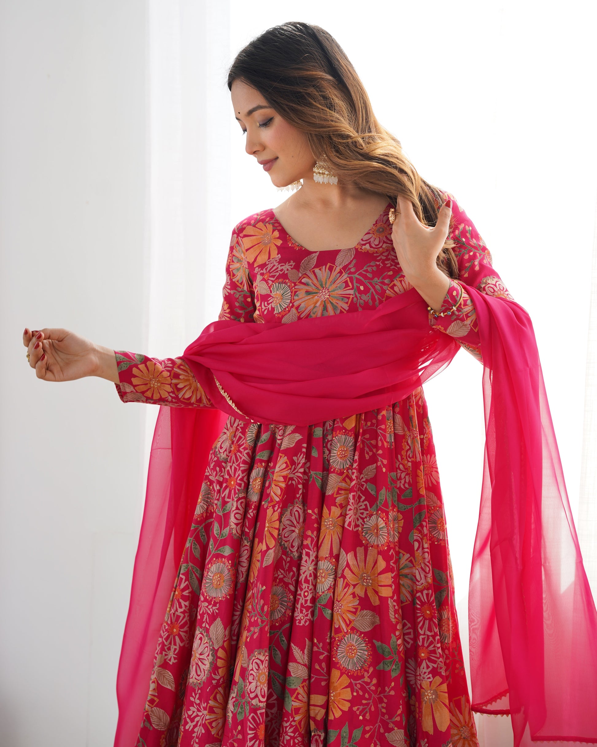 Lorenvalley Women Pure Soft Roman silk Chanderi Discharge Print Fabric Kediya Kurta Palazzo with Dupatta Set - Ranipink - Swadesiicart