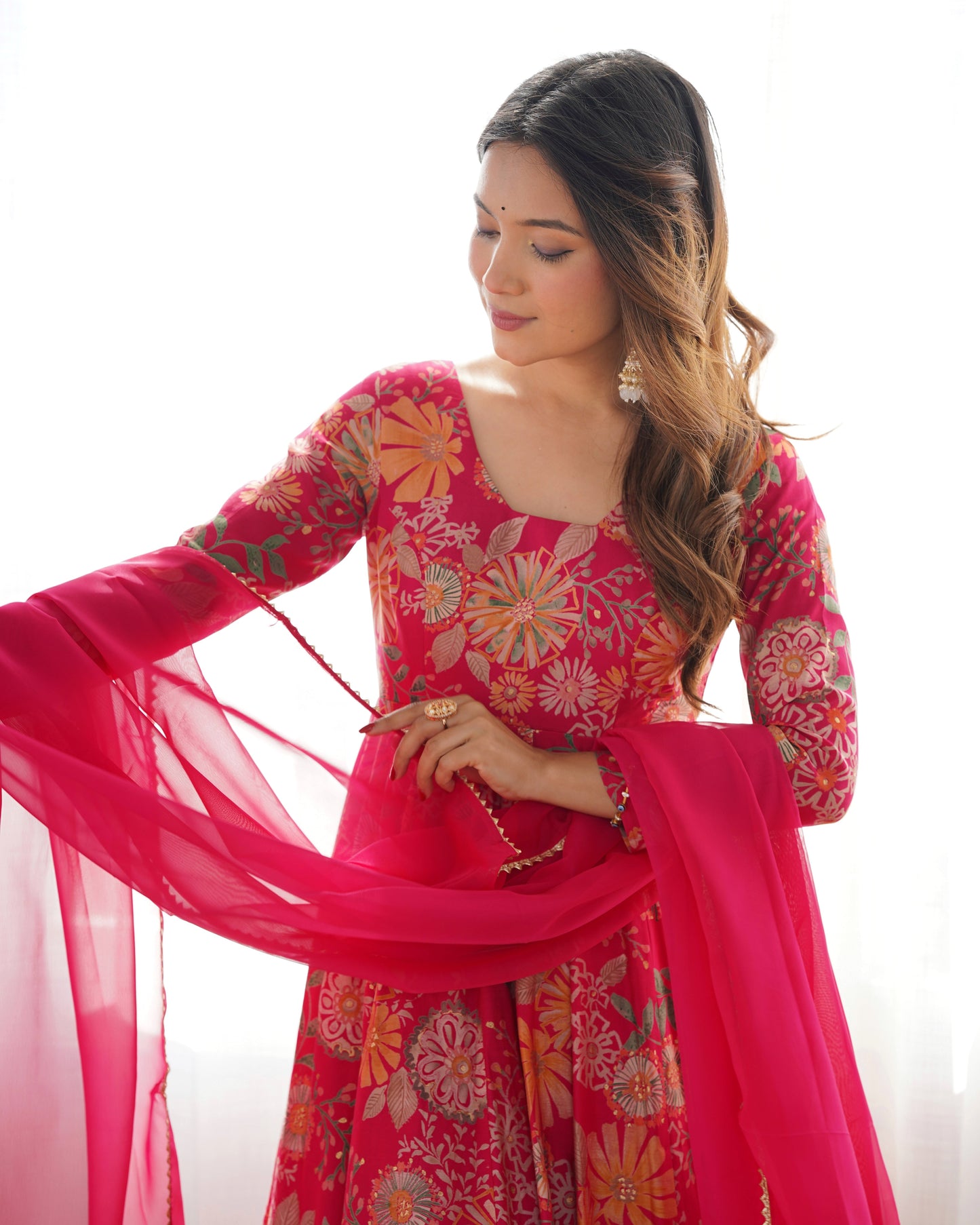 Lorenvalley Women Pure Soft Roman silk Chanderi Discharge Print Fabric Kediya Kurta Palazzo with Dupatta Set - Ranipink - Swadesiicart