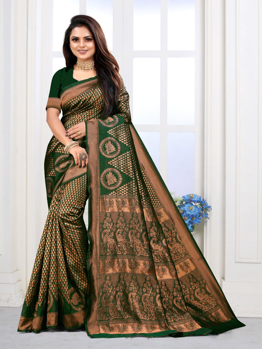 Vedant Vastram Litchi Silk Designer Banarasi Saree - Green | Swadesiicart