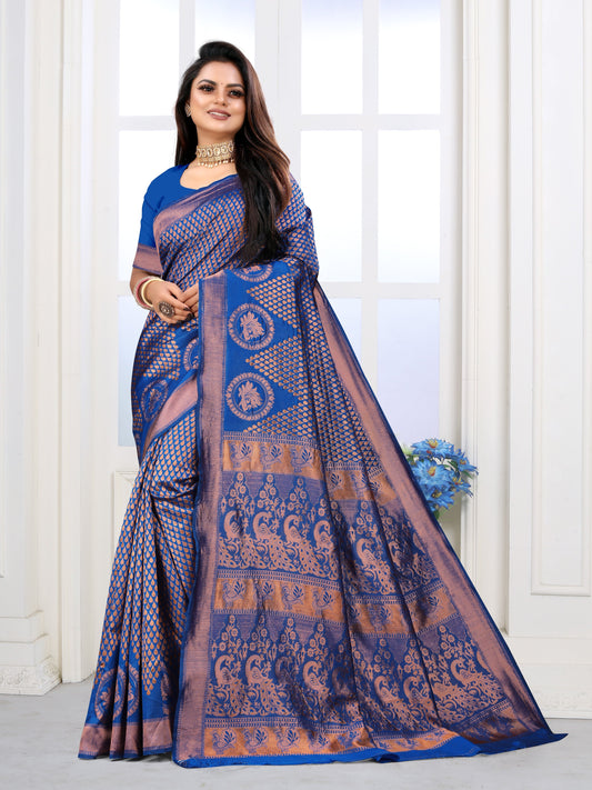 Vedant Vastram Litchi Silk Designer Banarasi Saree - Blue | Swadesiicart