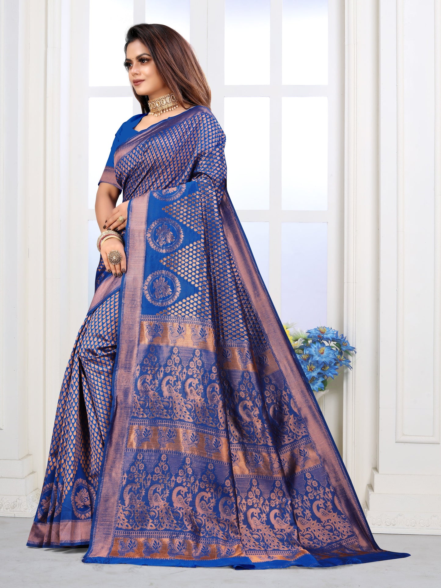 Vedant Vastram Litchi Silk Designer Banarasi Saree - Blue | Swadesiicart