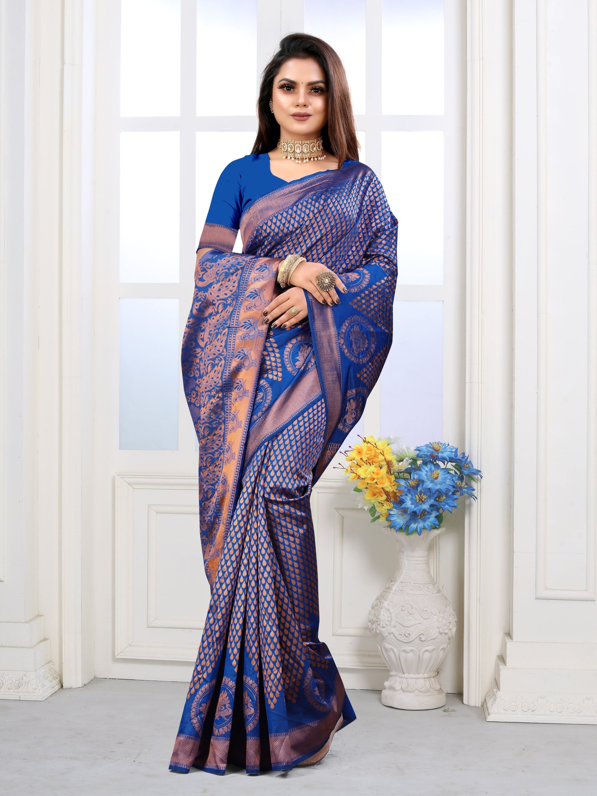 Vedant Vastram Litchi Silk Designer Banarasi Saree - Blue | Swadesiicart