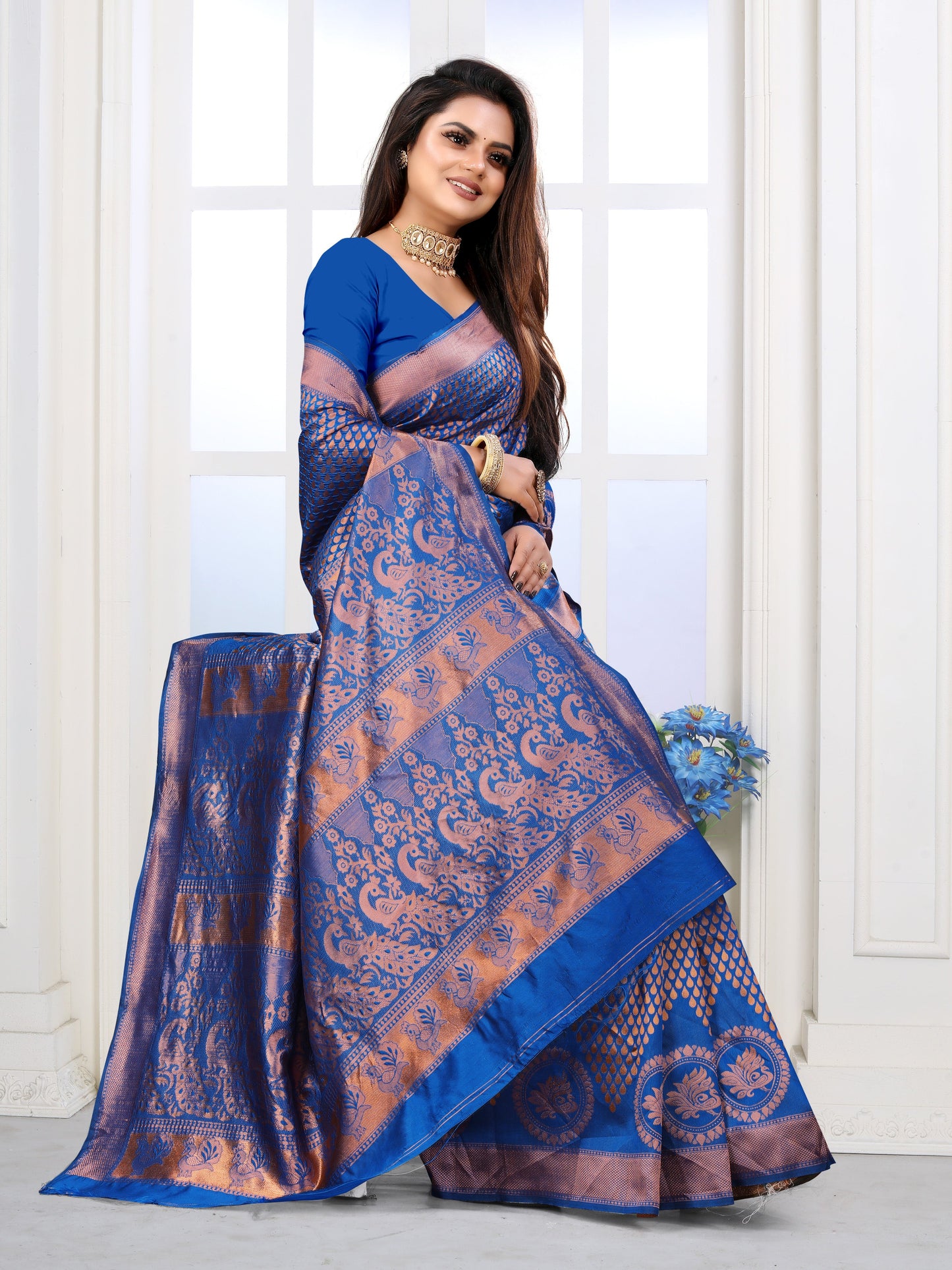Vedant Vastram Litchi Silk Designer Banarasi Saree - Blue | Swadesiicart