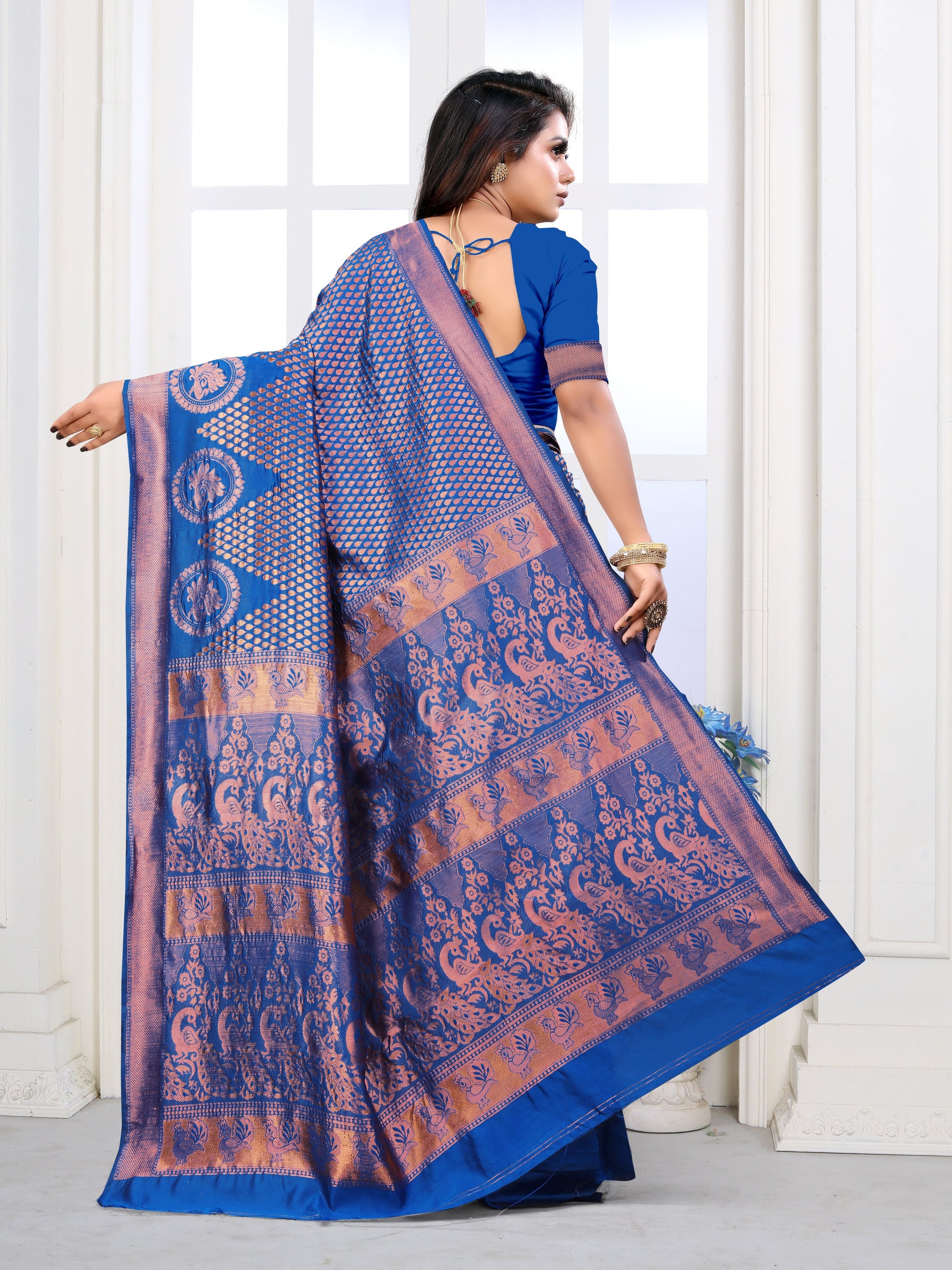 Vedant Vastram Litchi Silk Designer Banarasi Saree - Blue | Swadesiicart
