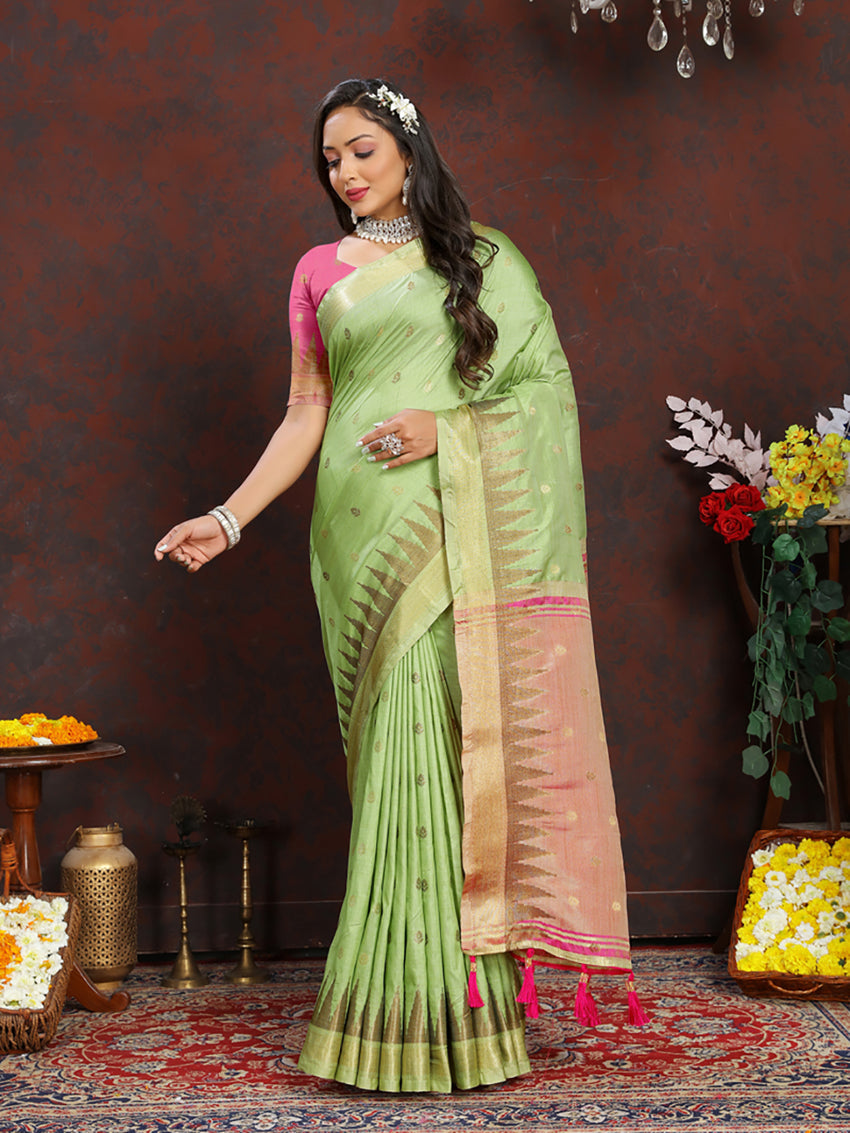 Lorenvalley Fashion Parotgreen Soft Katan Silk Woven Design Zari Weaving Pallu Saree - Swadesiicart