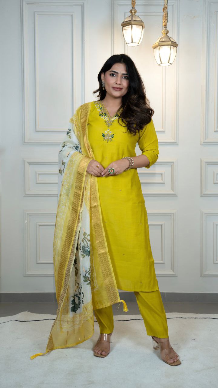 Lorenvalley Fashion Parotgreen Roman Silk Hand Work Kurta Pant with Dupatta - Swadesiicart
