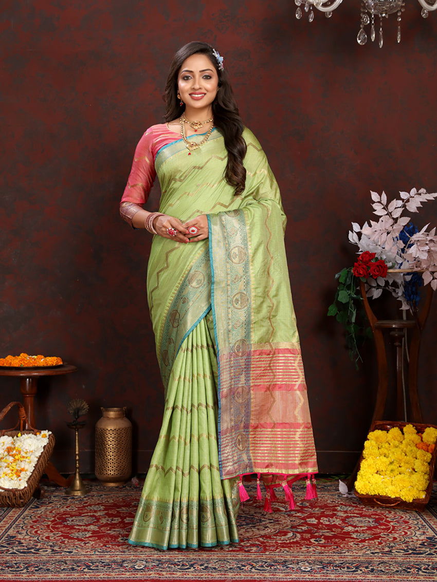 Lorenvalley Fashion Parotgreen Soft Katan Silk Woven Design Zari Weaving Pallu Saree - Swadesiicart