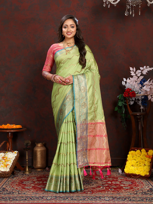 Lorenvalley Fashion Parotgreen Soft Katan Silk Woven Design Zari Weaving Pallu Saree - Swadesiicart