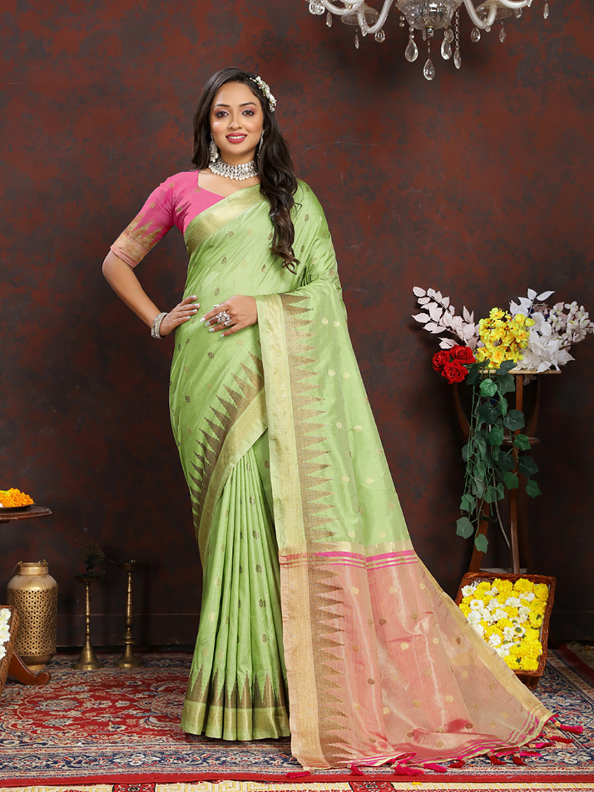 Lorenvalley Fashion Parotgreen Soft Katan Silk Woven Design Zari Weaving Pallu Saree - Swadesiicart