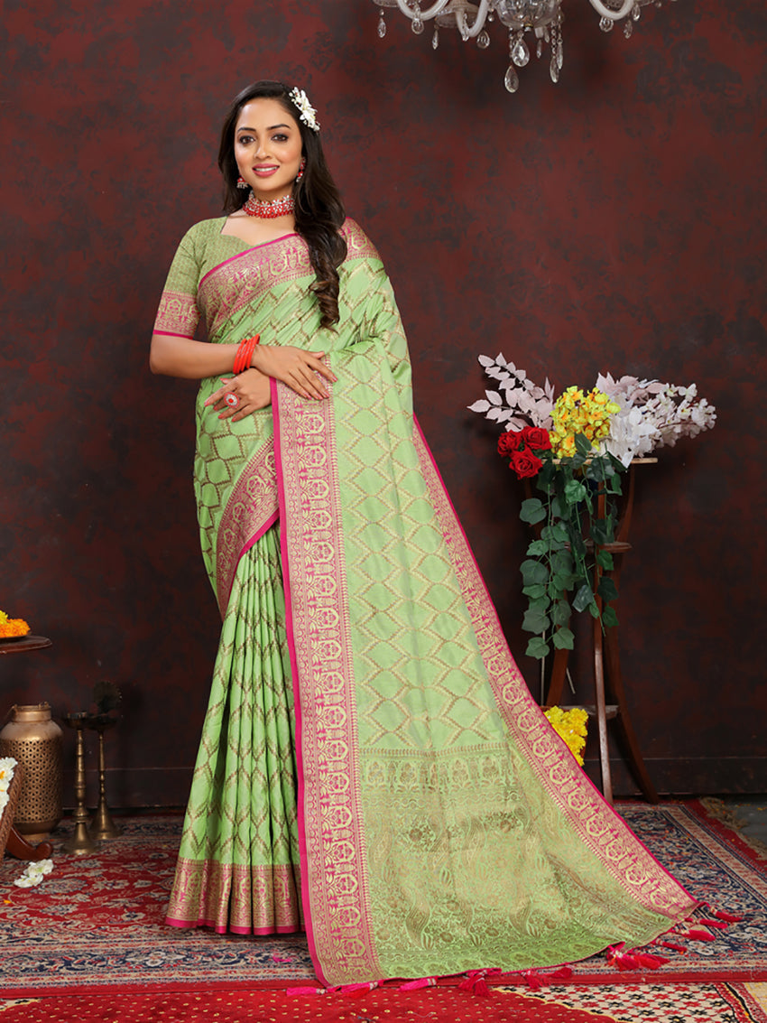 Lorenvalley Fashion Parotgreen Soft Katan Silk Woven Design Rich Zari Weaving Pallu Saree - Swadesiicart