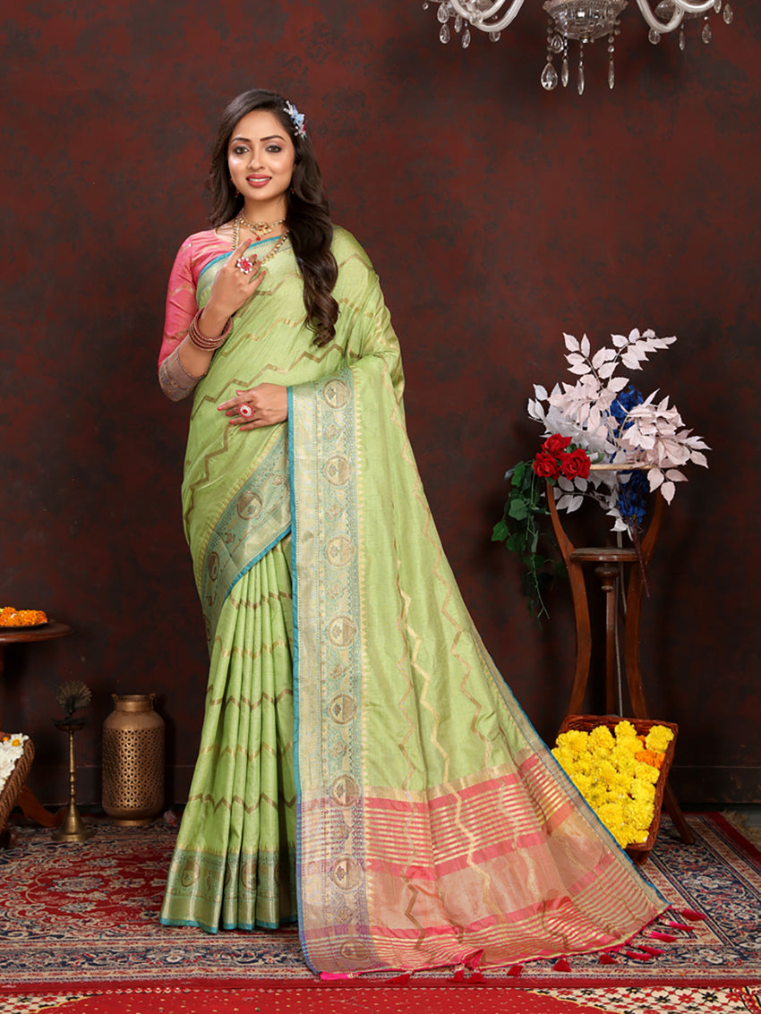 Lorenvalley Fashion Parotgreen Soft Katan Silk Woven Design Zari Weaving Pallu Saree - Swadesiicart