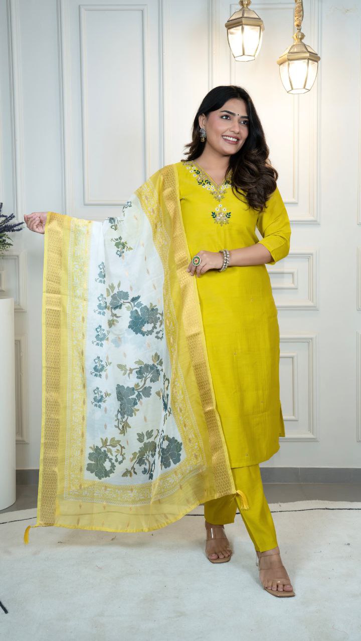 Lorenvalley Fashion Parotgreen Roman Silk Hand Work Kurta Pant with Dupatta - Swadesiicart