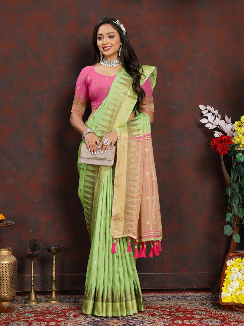 Lorenvalley Fashion Parotgreen Soft Katan Silk Woven Design Zari Weaving Pallu Saree - Swadesiicart