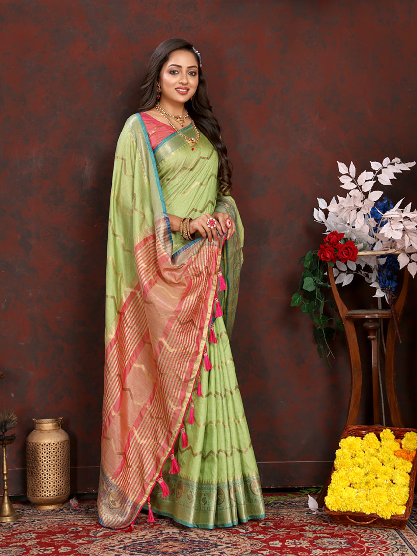 Lorenvalley Fashion Parotgreen Soft Katan Silk Woven Design Zari Weaving Pallu Saree - Swadesiicart