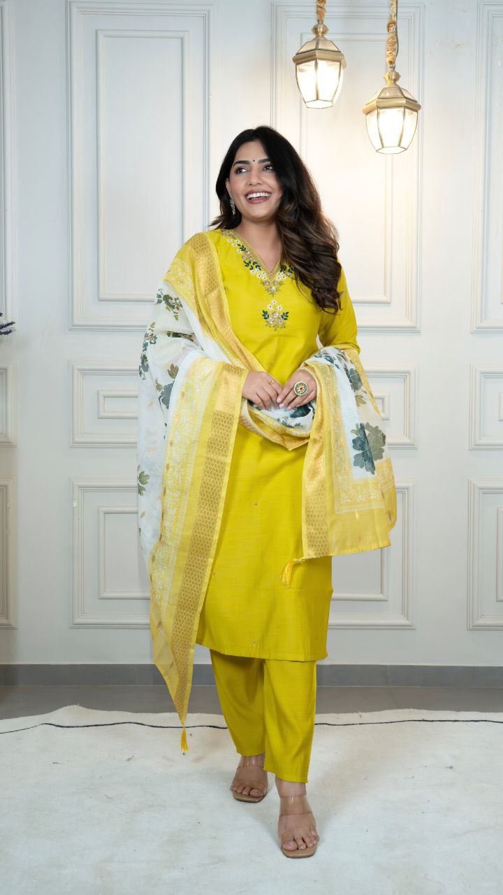 Lorenvalley Fashion Parotgreen Roman Silk Hand Work Kurta Pant with Dupatta - Swadesiicart