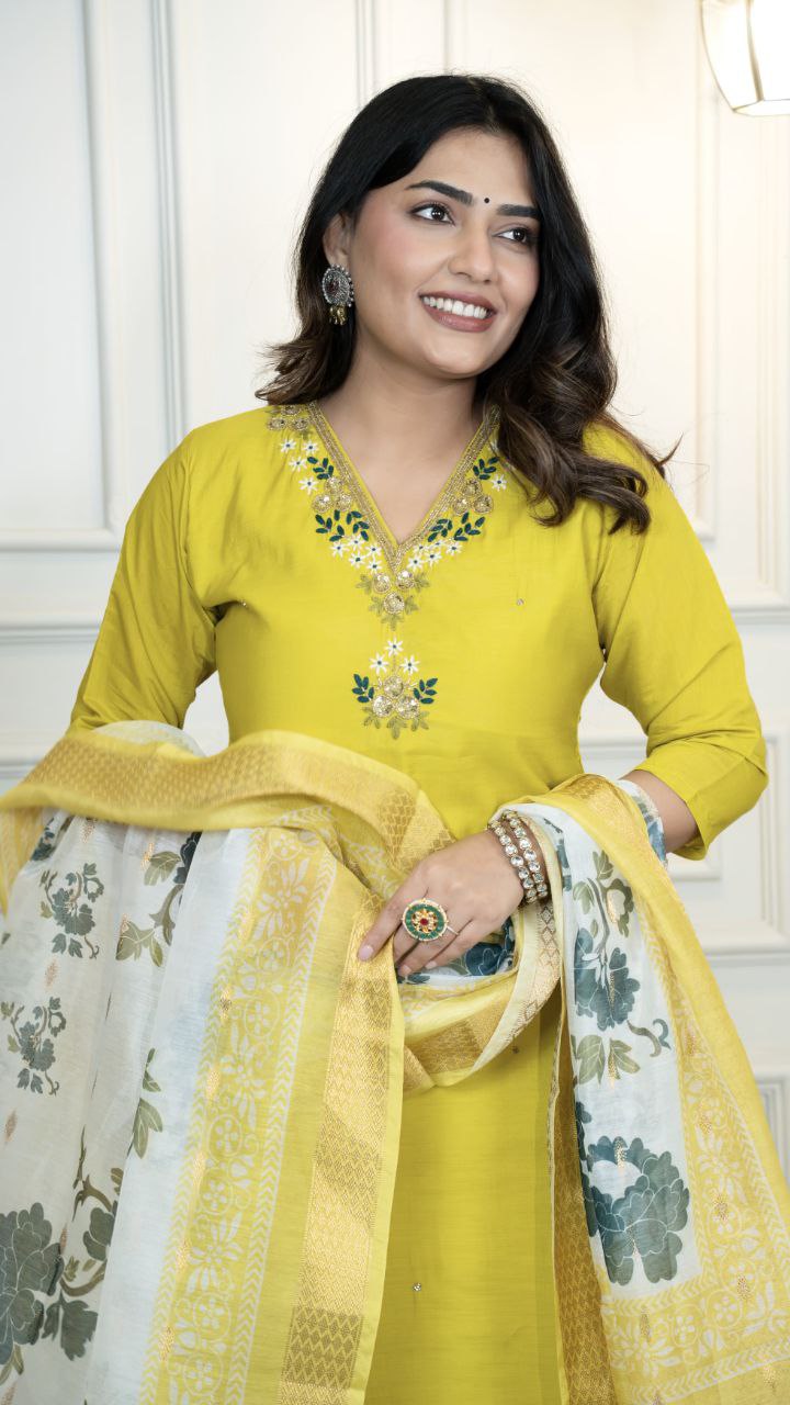 Lorenvalley Fashion Parotgreen Roman Silk Hand Work Kurta Pant with Dupatta - Swadesiicart
