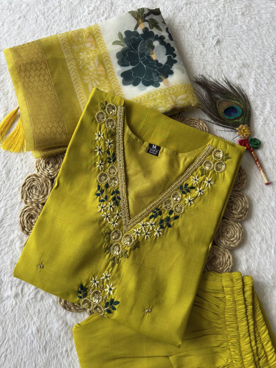 Lorenvalley Fashion Parotgreen Roman Silk Hand Work Kurta Pant with Dupatta - Swadesiicart