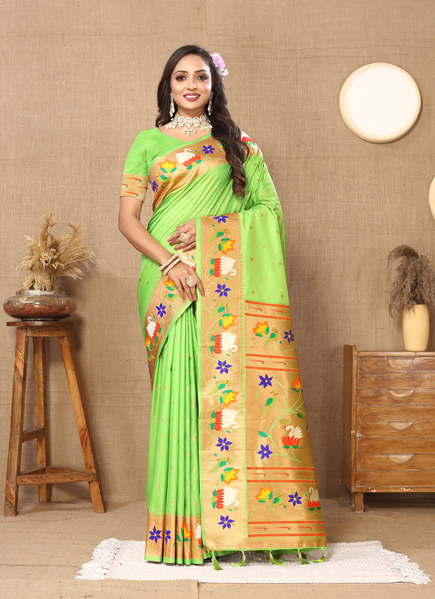 Lorenvalley Fashion Parotgreen Soft Paithani Silk Woven Design Rich Zari Meenakari Weaving Saree - Swadesiicart