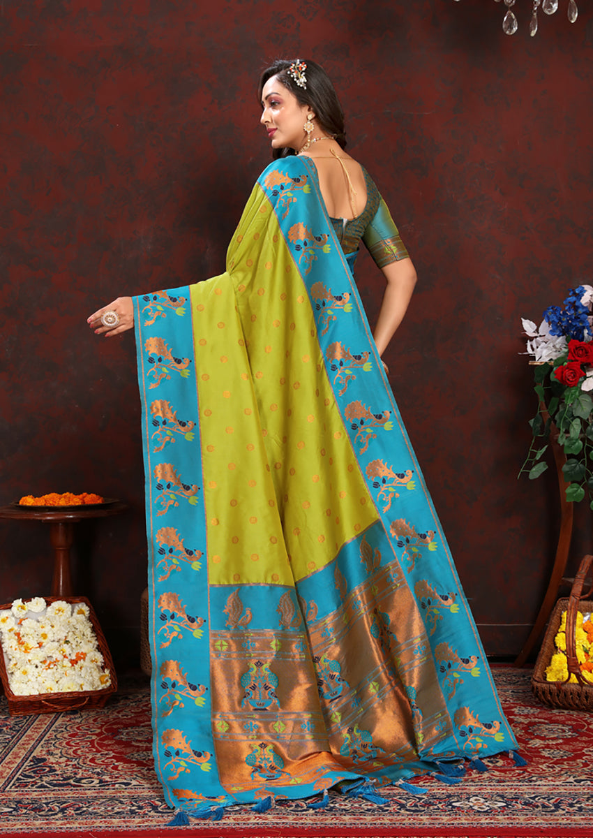 Lorenvalley Fashion Parotgreen Soft Paithani Silk Woven Design Rich Zari Meenakari Weaving Saree - Swadesiicart