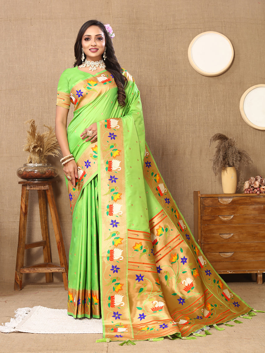 Lorenvalley Fashion Parotgreen Soft Paithani Silk Woven Design Rich Zari Meenakari Weaving Saree - Swadesiicart