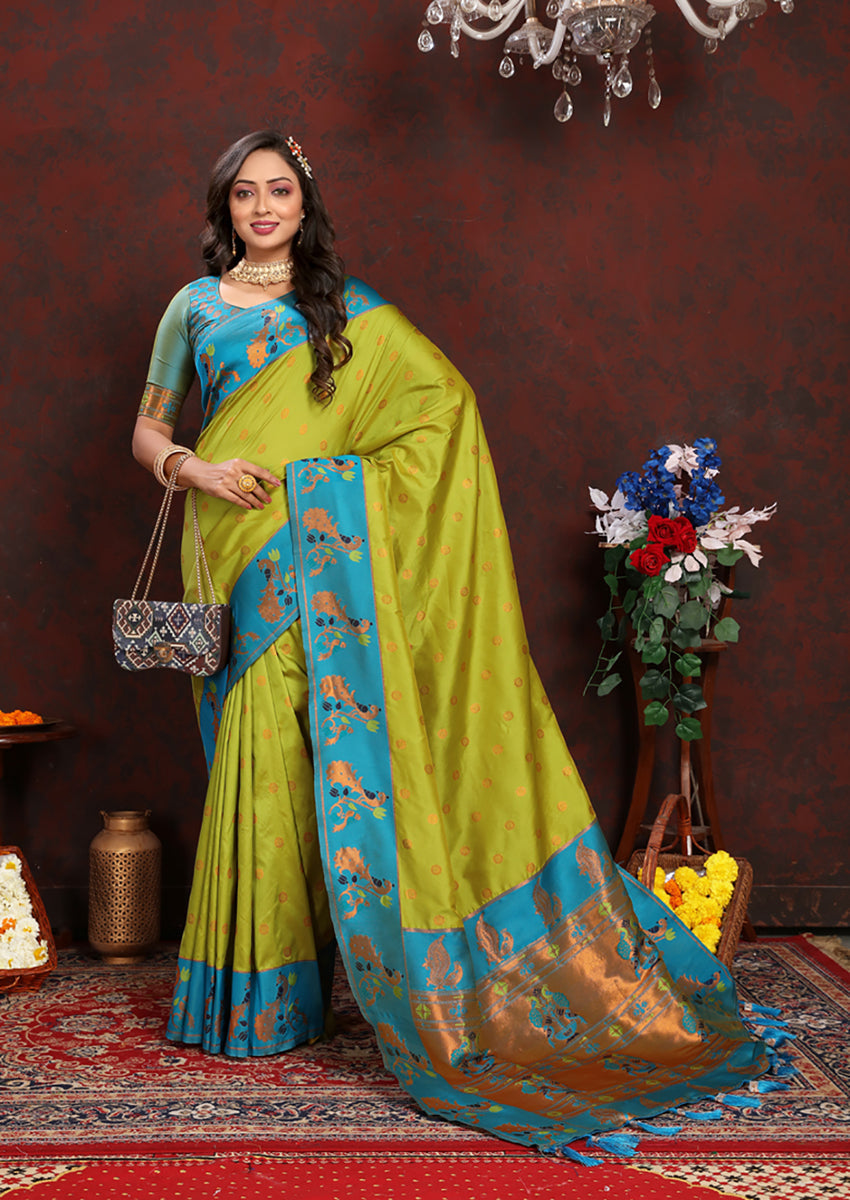 Lorenvalley Fashion Parotgreen Soft Paithani Silk Woven Design Rich Zari Meenakari Weaving Saree - Swadesiicart