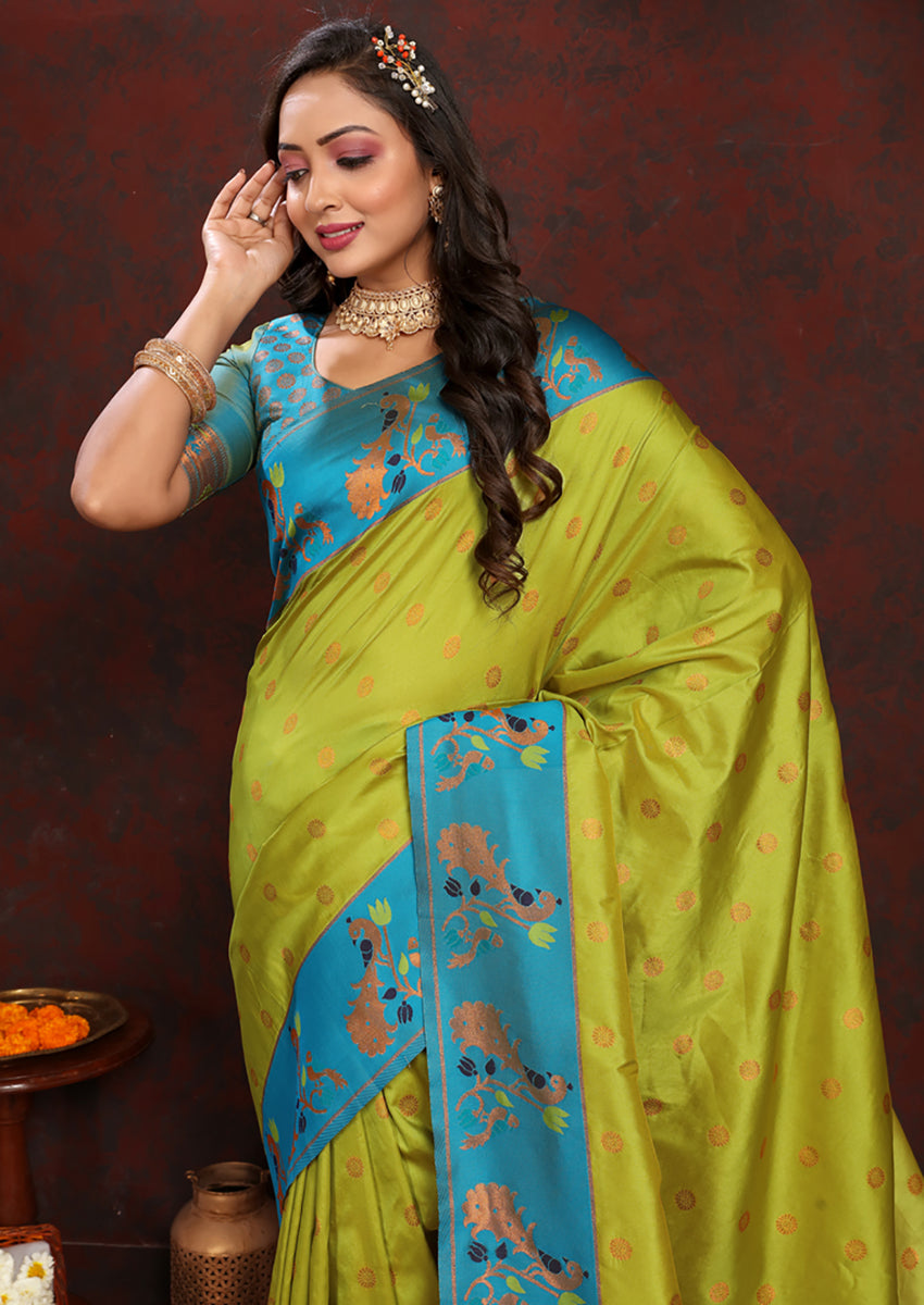 Lorenvalley Fashion Parotgreen Soft Paithani Silk Woven Design Rich Zari Meenakari Weaving Saree - Swadesiicart