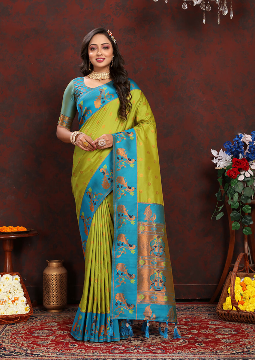 Lorenvalley Fashion Parotgreen Soft Paithani Silk Woven Design Rich Zari Meenakari Weaving Saree - Swadesiicart