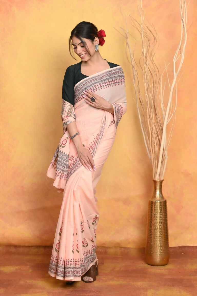 Very Much Indian Handblock Printed Cotton Saree With Natural Dyes - Peach | Swadesiicart