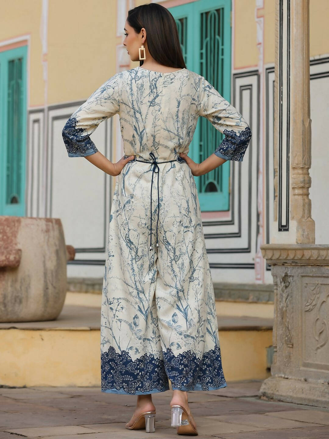 Juniper Women's Offwhite Rayon Staple Printed With Embroidery Straight Jumpsuit - Swadesiicart