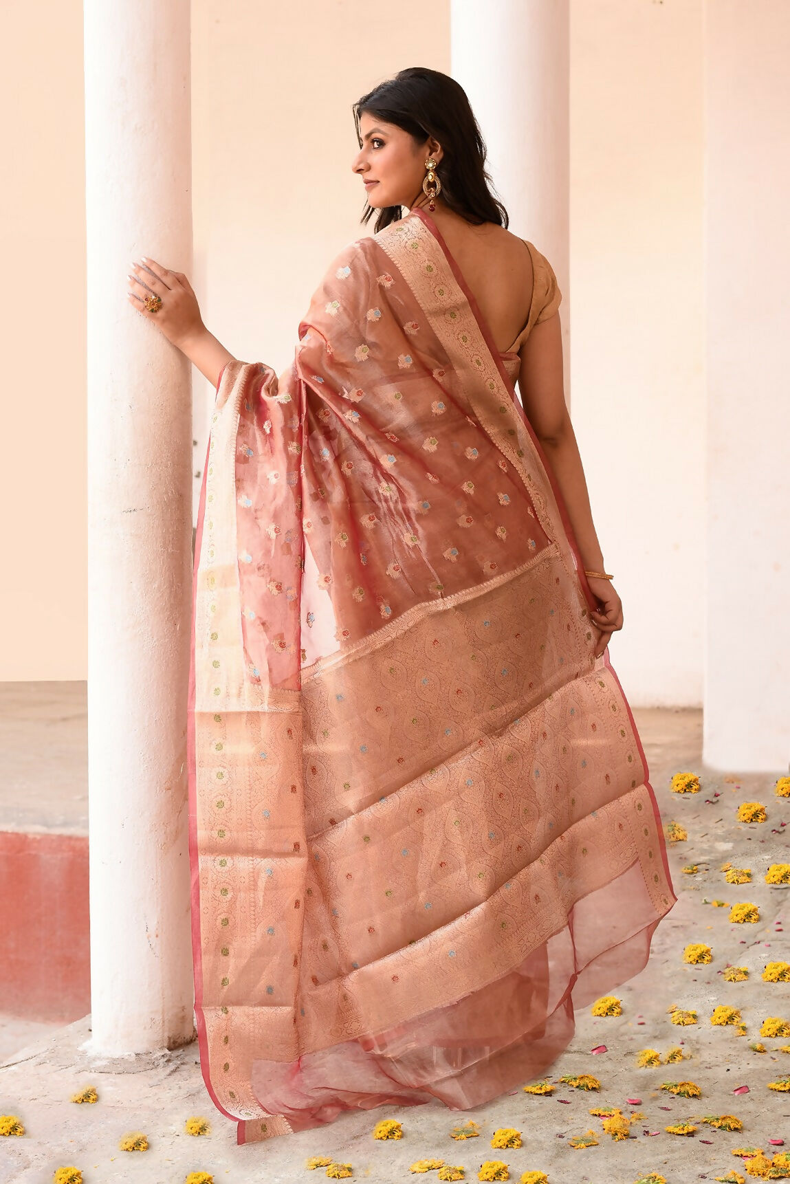 Joban Fashion Rose Gold Pure Banarasi Tissue Saree | Swadesiicart