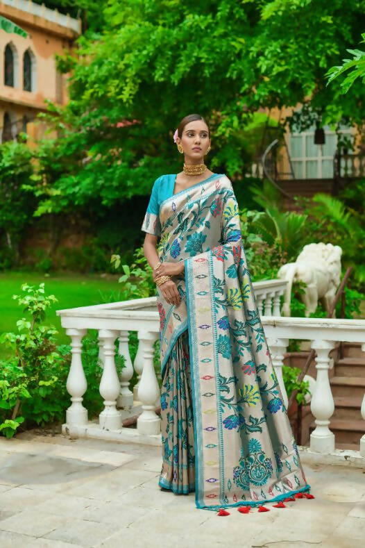 Vishnu Weaves Women's Rama Paithani Silk Zari Woven Saree with Unstitched Blouse - Swadesiicart