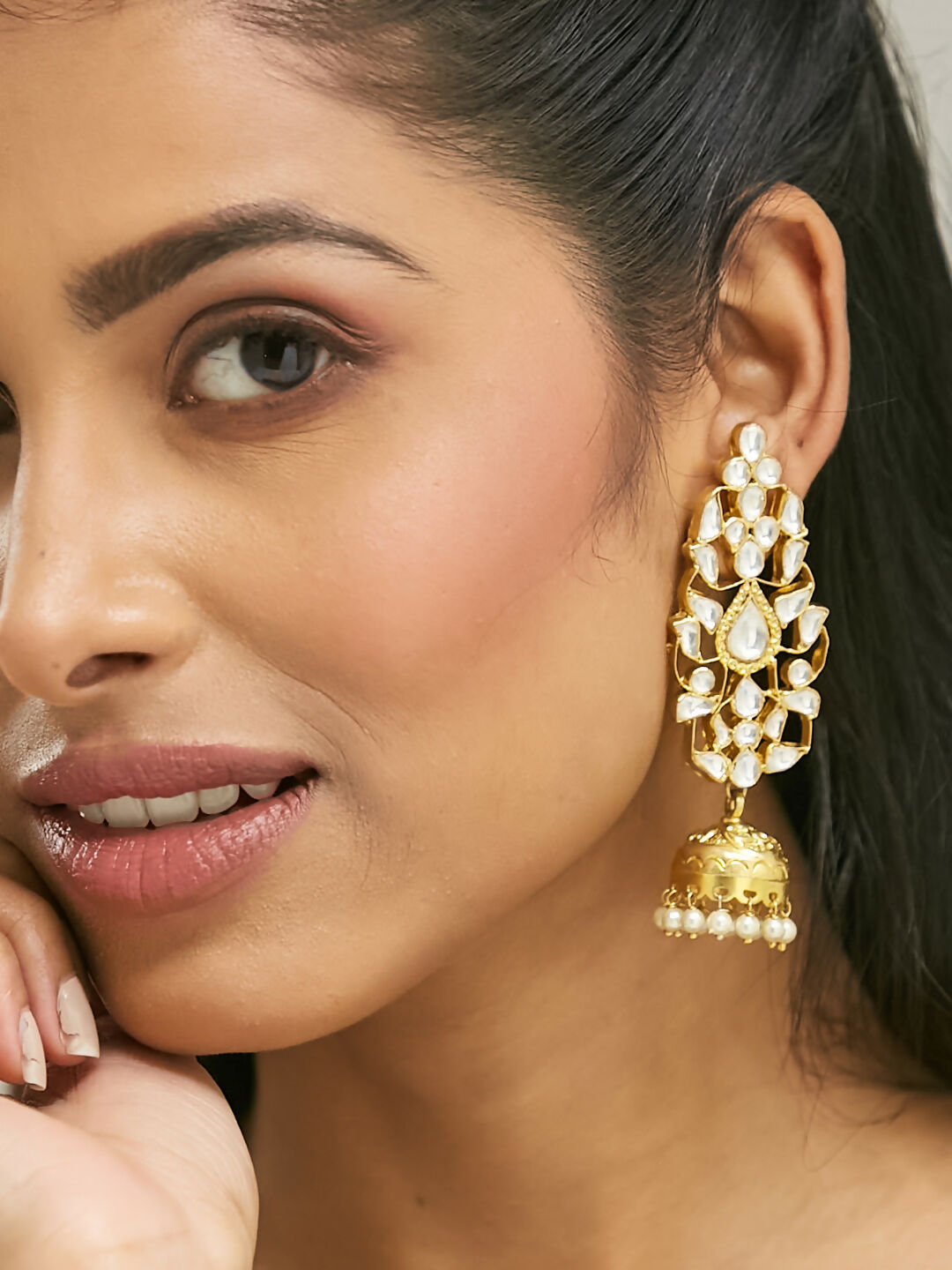 Nuyug 22K Gold-Plated Regal Kundan Stone Studded & Pearl Drop Jhumkas | Swadesiicart