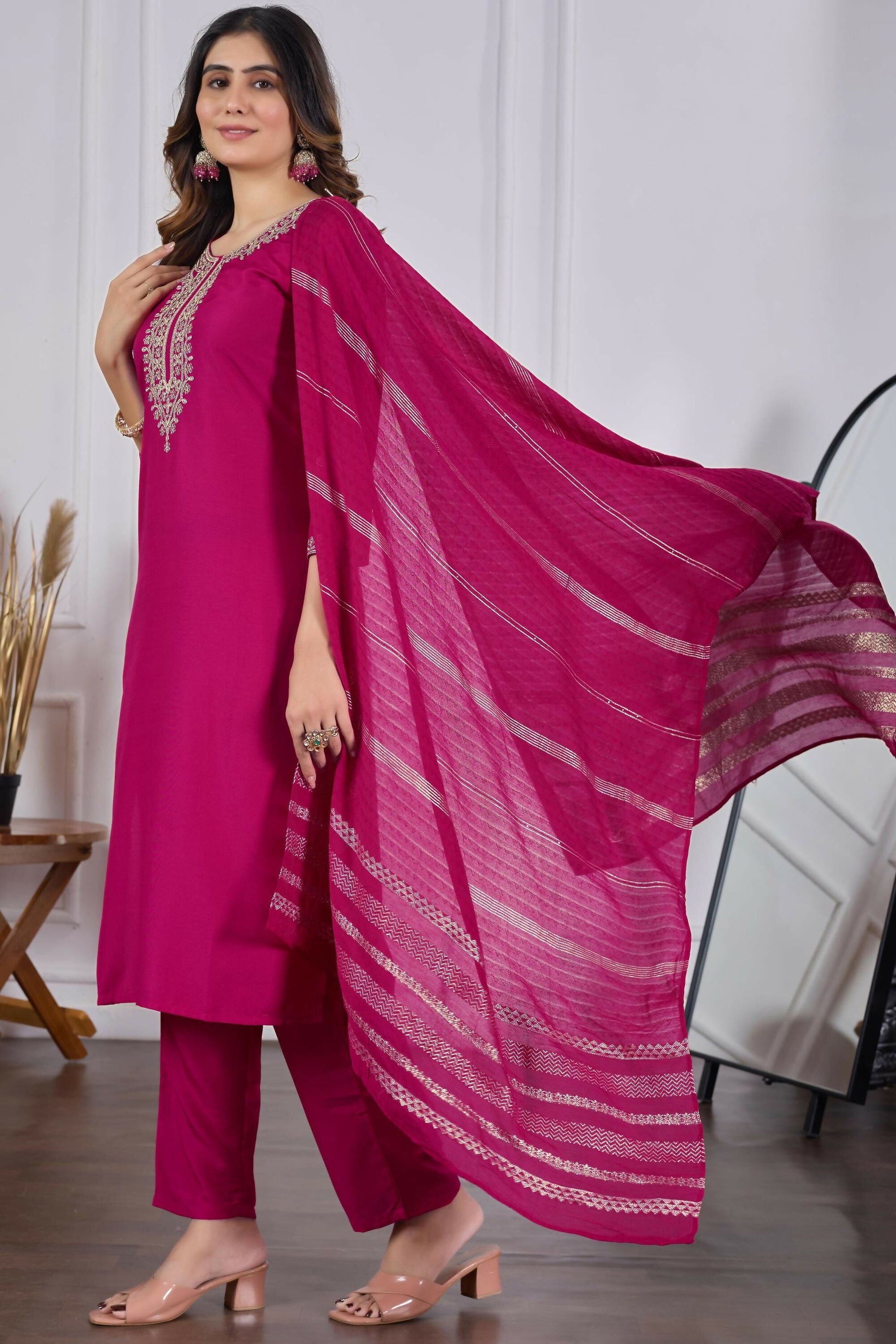 The52 Pink Women's Beautiful Embroidered Rayon Slub Fabric with Straight Kurta, Pant and Dupatta Set - Swadesiicart