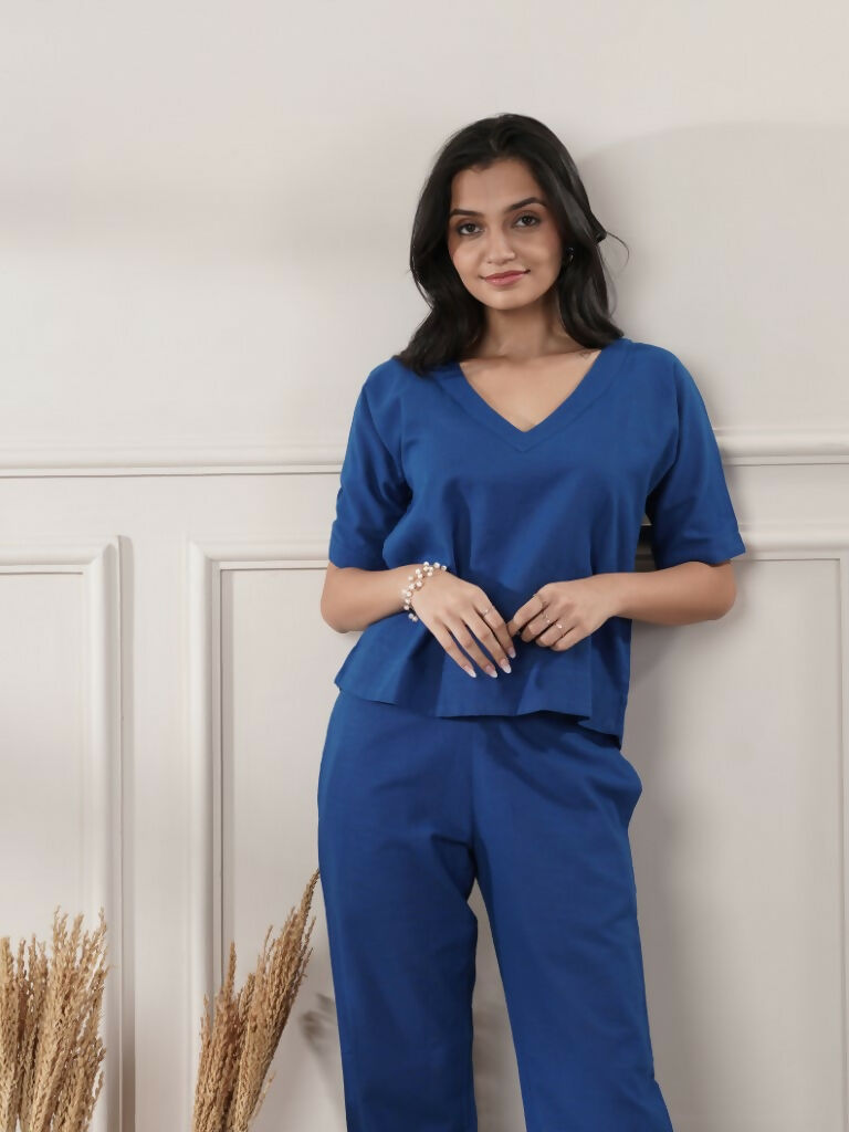 Joban Fashion Women's Royal Blue Co-Ord Set V Neck - Swadesiicart