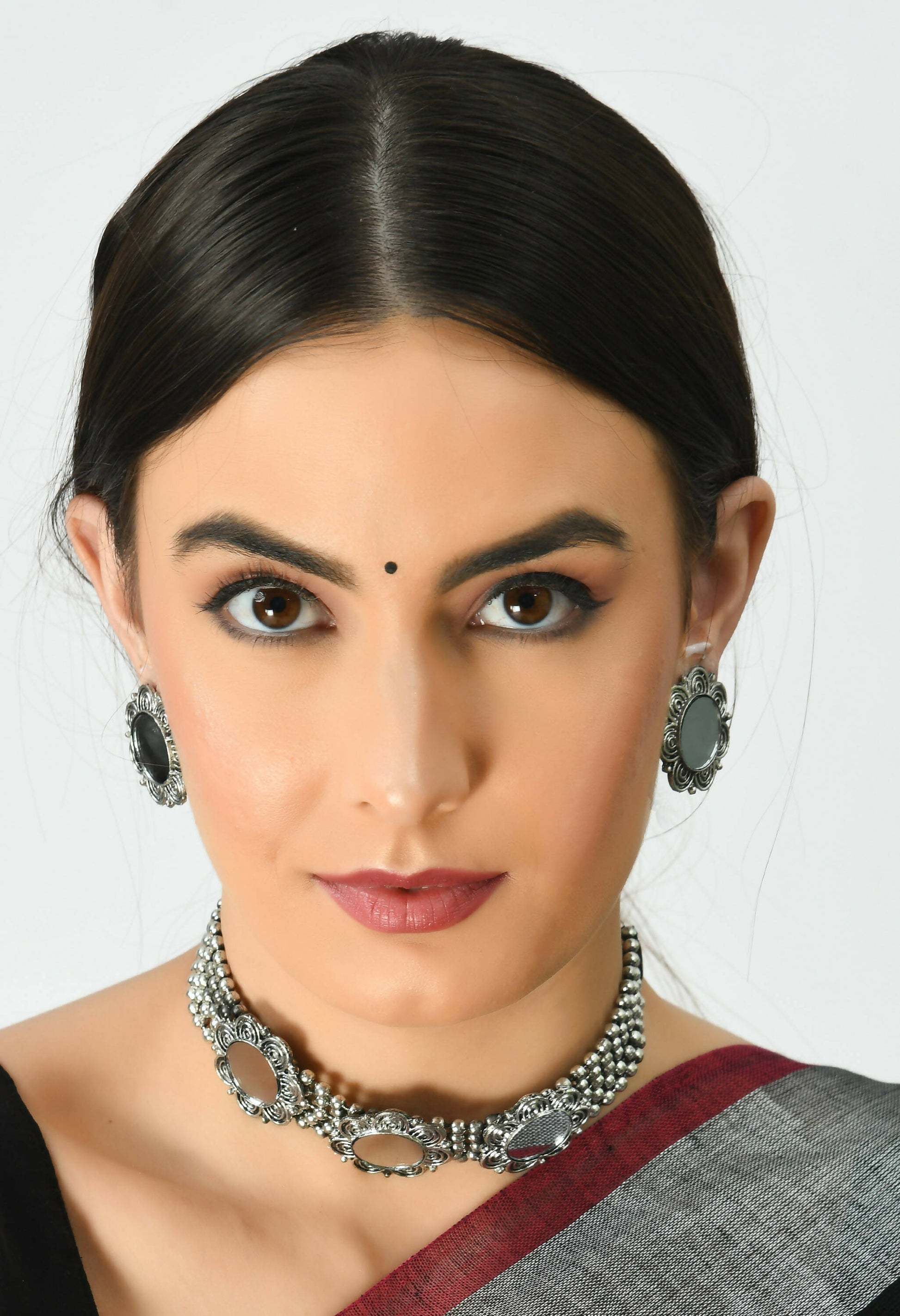 Mominos Fashion Johar Kamal Oxidised Silver-Plated Mirror Design Necklace Choker Set For Women | Swadesiicart
