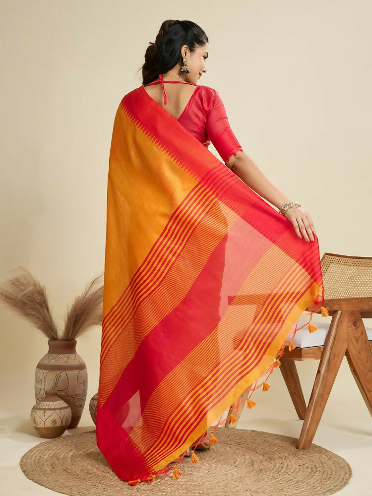 Vishnu Weaves Women's Mustard Raw Silk Thread Woven Saree with Blouse - Swadesiicart