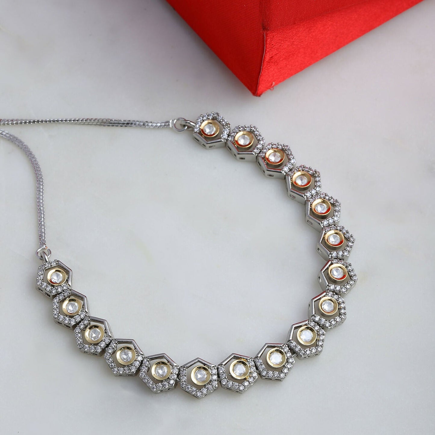 Dual Tone Gold and Silver Choker with American Diamonds and Kundan (Silver) - Ruby Raang | Swadesiicart