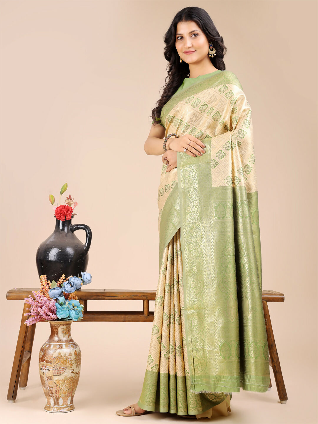Astita Aura Silk Cream Light Green Banarasi Silk Saree | Swadesiicart