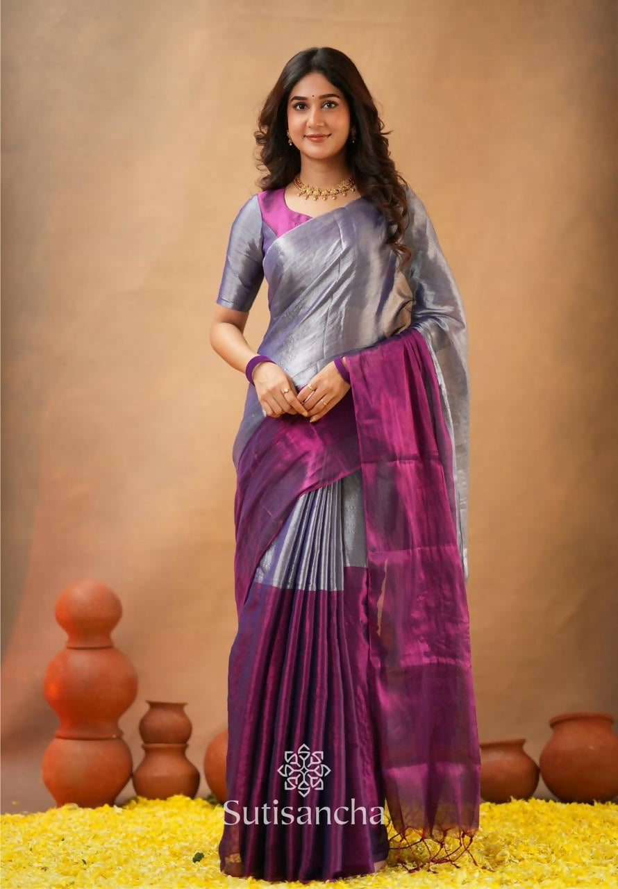 Exclusive Collection Beautiful Gray Magenta Tissue Silk Hand Weaving Handloom Saree With Running Blouse Piece - Swadesiicart